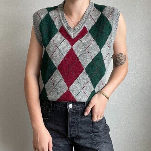 Vintage 90s Claybrooke Wool Red Green Argyle Preppy Christmas Sweater Vest Sz L - Picture 8 of 8